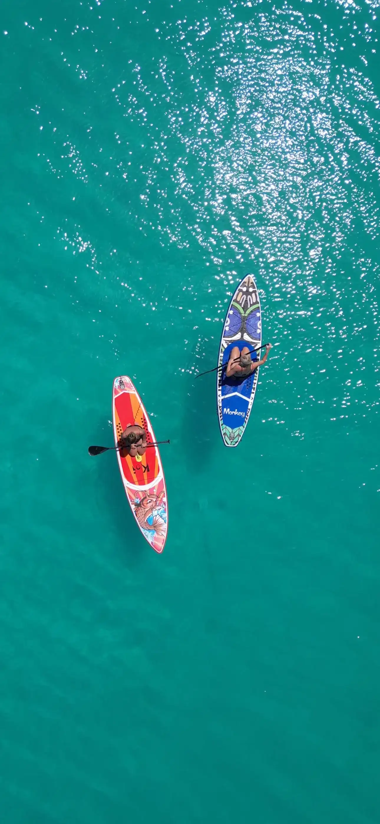 Red and blue kayaks paddling on deep turquoise water, from above