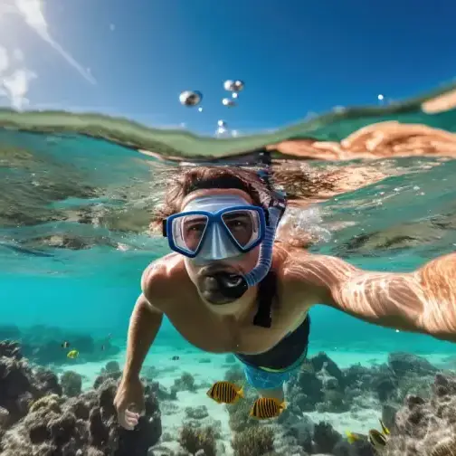 A snorkeller swimming above coral in clear shallow water