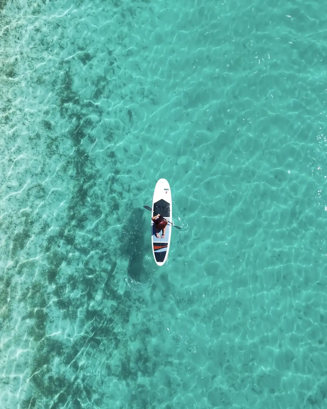 Stand-up paddleboarder on clear shallow water over the reef, from above